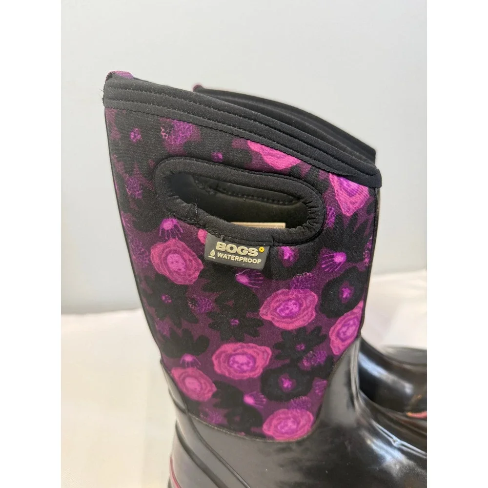 Bogs Girls Rubber Boots Size 4 Black Purple Classic Floral Watercolor Insulated